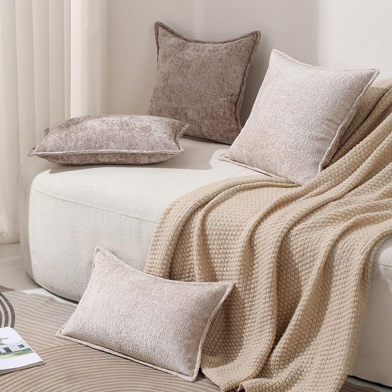 DEZENE Pack of 2 Khaki Decorative Throw Pillow Covers 12x20 Cozy Soft Chenille Accent Vintage Rectangular Lumbar Couch Pillow Covers for Home Decor Bed Sofa Living Room