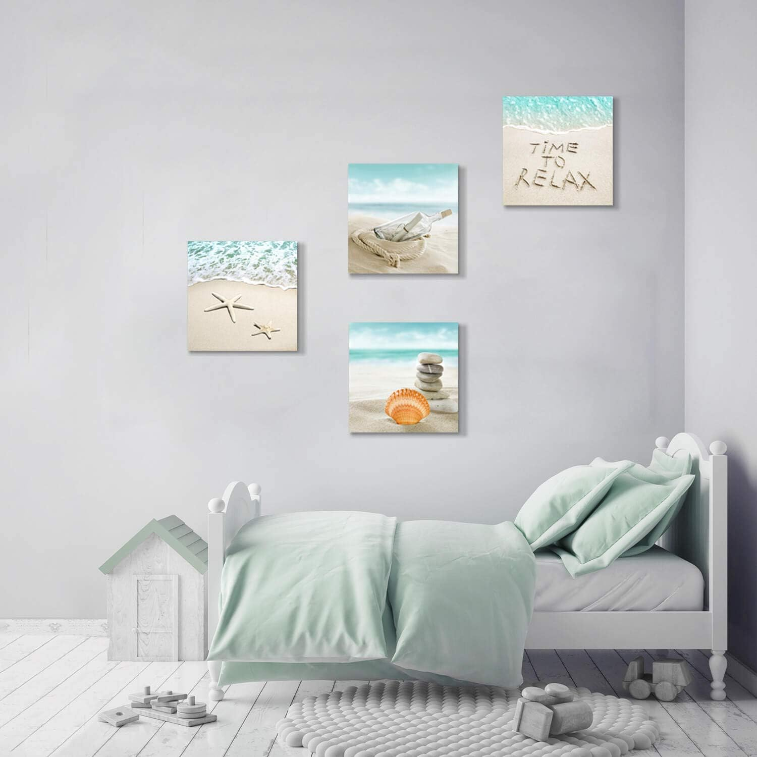 Coastal Beach Canvas Wall Art Set with Seashells and Starfish