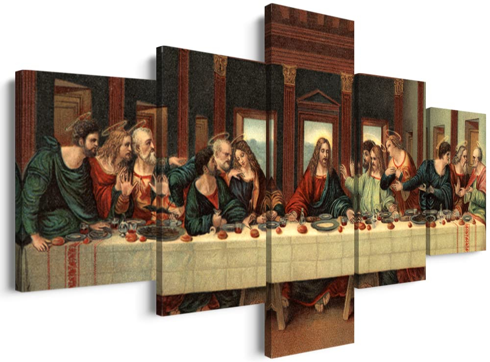 YOUHONG 5 Piece Last Supper Wall Art Christian Wall Decor Jesus Posters Leonardo Da Vinci Dining Room Decor The Last Supper Painting for Bedroom Living Room Decor (50''W x 24''H)
