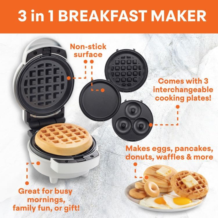 MasterChef 3-in-1 Mini Breakfast Maker- Make Eggs, Pancakes, Donuts, & Waffles and More in One Appliance! 3 Removable Non-Stick Cooking Plates for Easy Cleaning & Storing