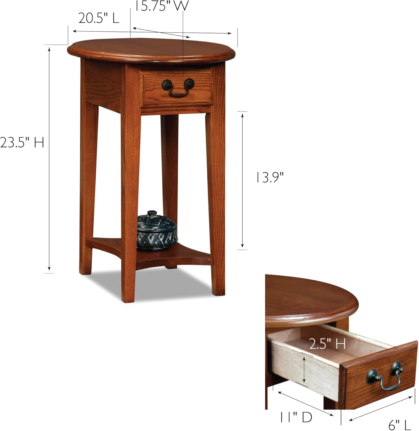 Leick Home 9042-SL One Drawer Oval Side Table with Shelf, Medium Oak and Slate Black