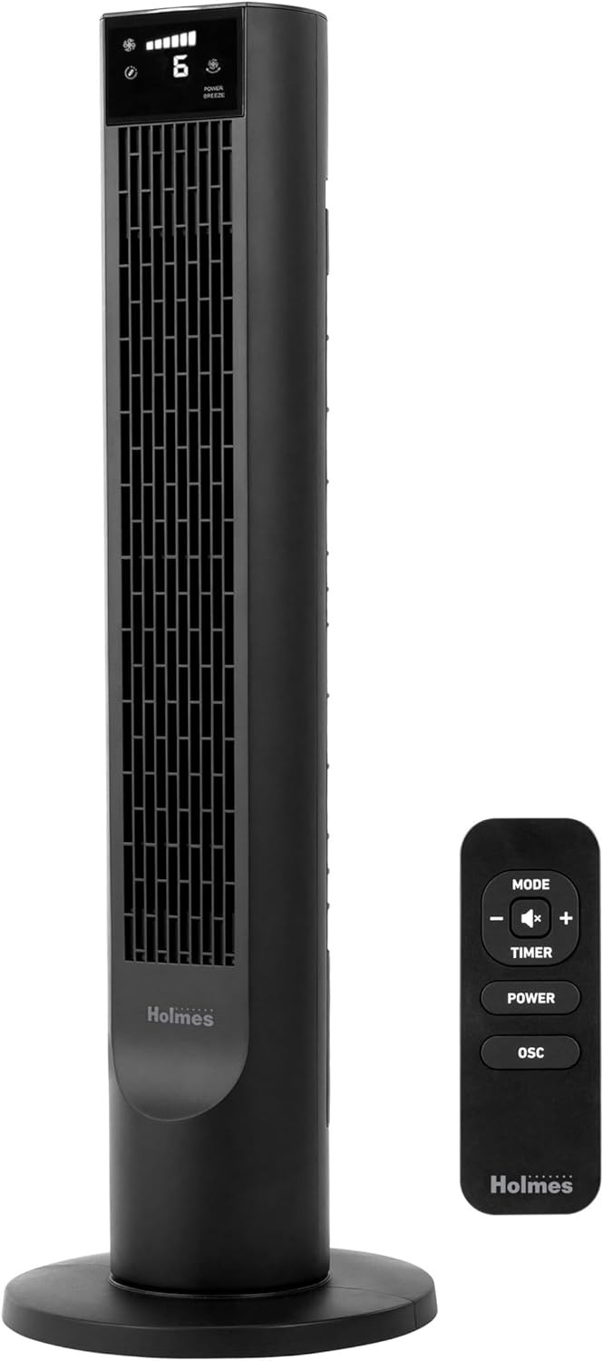 Holmes CleanBreeze 36” High 6-Speed Removable Grill Oscillating Digital Tower Fan with Remote, Black