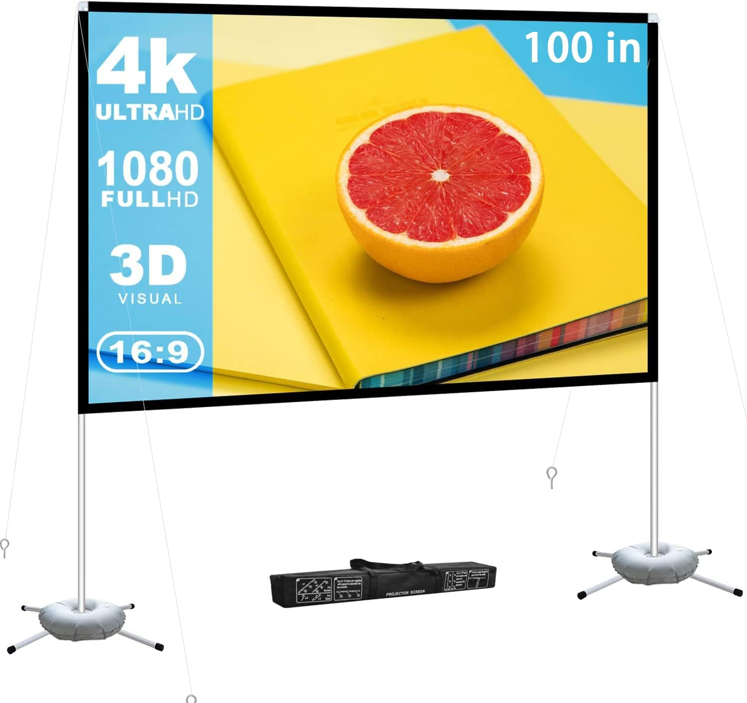 Outdoor Projector Screen Home 100 inch: Portable Anti-Crease Indoor Double-Sided Movie Screen 16:9 HD 4K