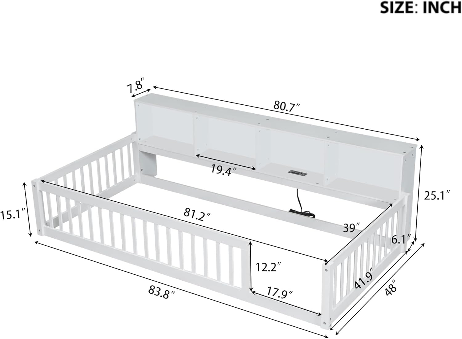 Kumix Twin XL Size Floor Bed with 4 Open Storage Cabinets and USB Ports, Solid Wood Daybed Frame with Semi-Enclosed Fence for Bedroom, No Weight Capacity Limit, Noise-Free, Easy Assembly, White