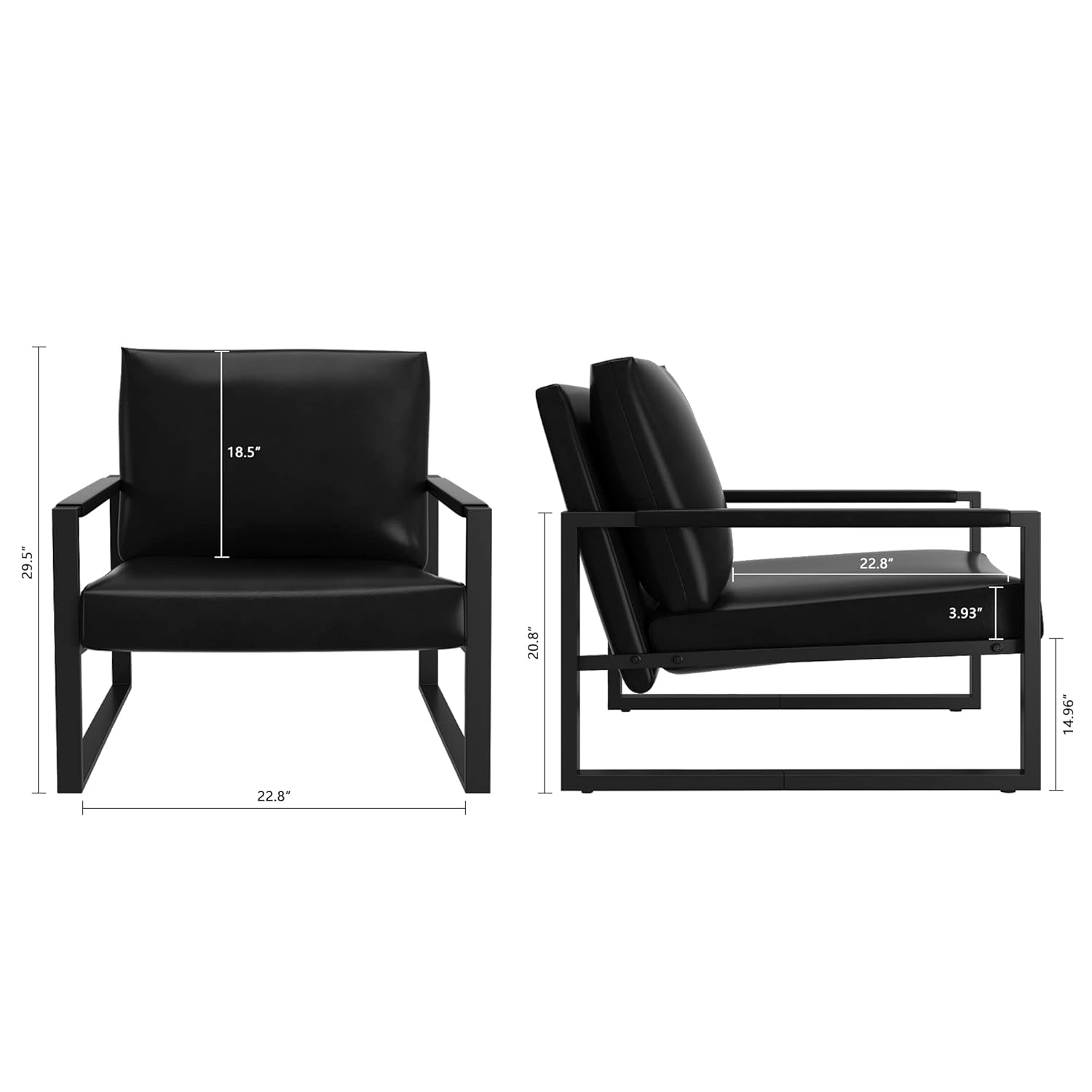 AWQM Leather Accent Chair Set of 2 Sofa Chair with Extra-Thick Padded Backrest and Seat Cushion Single Sofa for Living Room Bedroom, Black Metal Frame, 105 Degree Slant Back, Black