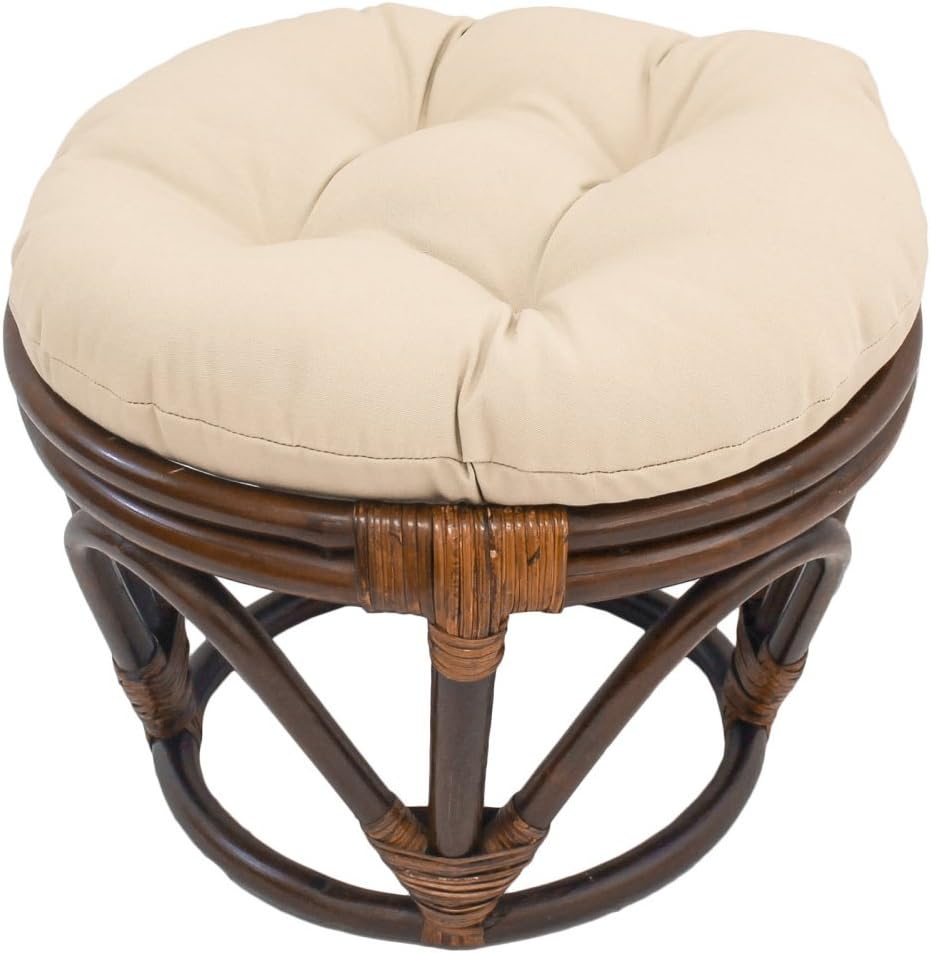 Rattan Footstool with Twill Cushion Tangerine Dream - International Caravan: Handmade, No Assembly Required, Walnut Finish