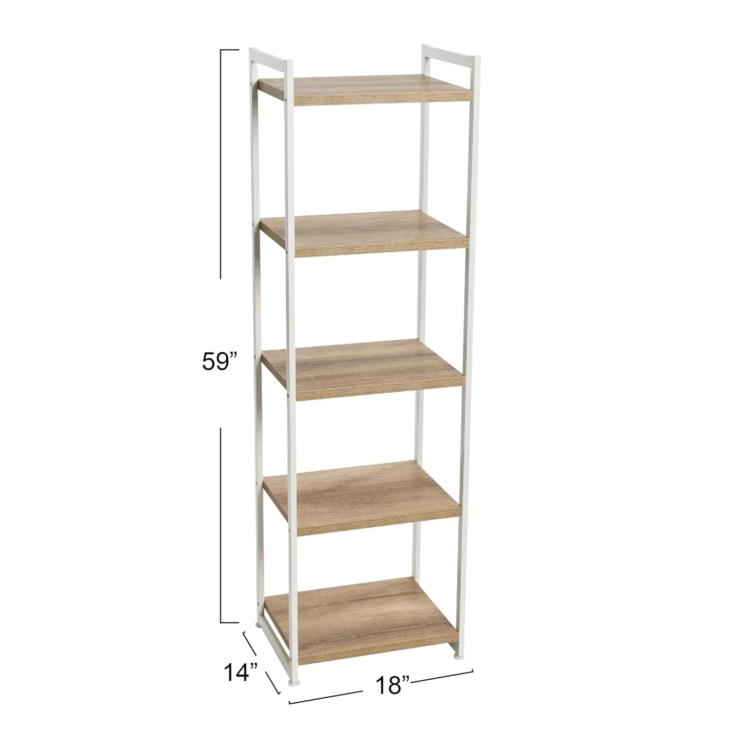 Household Essentials Tower Bookshelf, Tall and Narrow Bookshelf with 5 Shelves, Coastal Oak Wood Grain and White Metal, Coastal and Modern