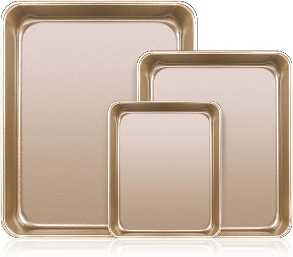 AMAGABELI GARDEN & HOME Deep Baking Pans Nonstick for Oven Tray Cake Carbon Steel Pan Baking Sheets Set of 3 Rectangle Bakeware Set for Cake Lasagna Brownie Casserole Cookie Cooking Gold