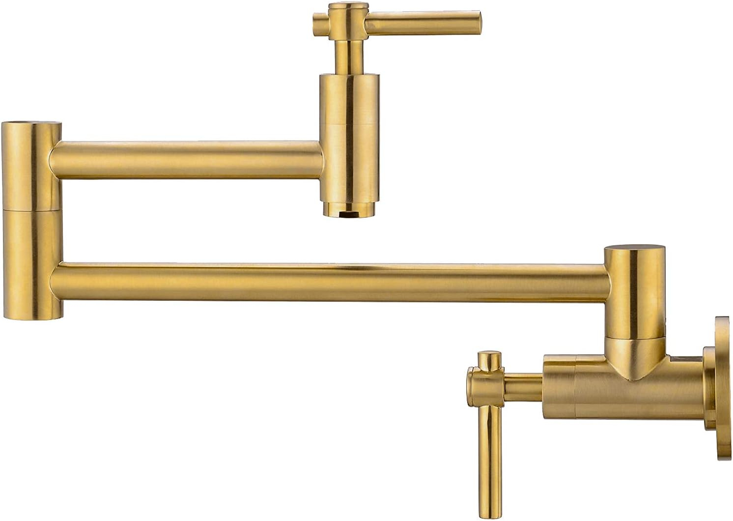 Wall Mount Pot Filler, Gold Brass Pot Filler Faucet with 2 Handles, Single Hole Stretchable Faucet with Double Joint Swing Arm Pot Filler above Stove