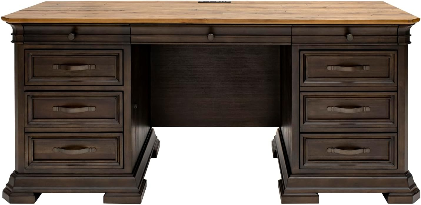 Executive Credenza Desk Writing Table With Solid Wood Plank Top Brown
