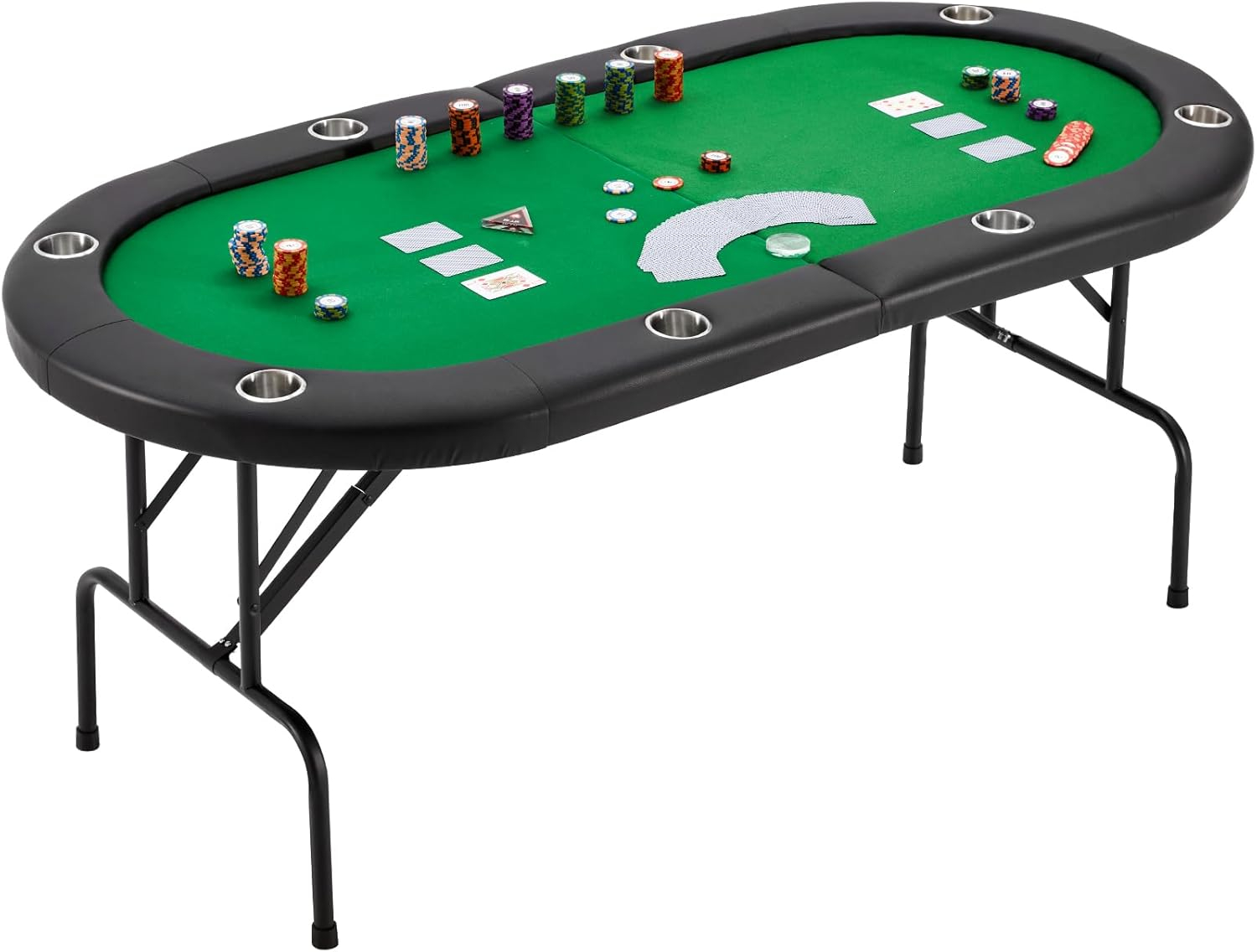 Folding Poker Table for 8 Players, Card Table with Cup Holder, Casino Leisure Table with Green Felt Surface for Blackjack Board Games