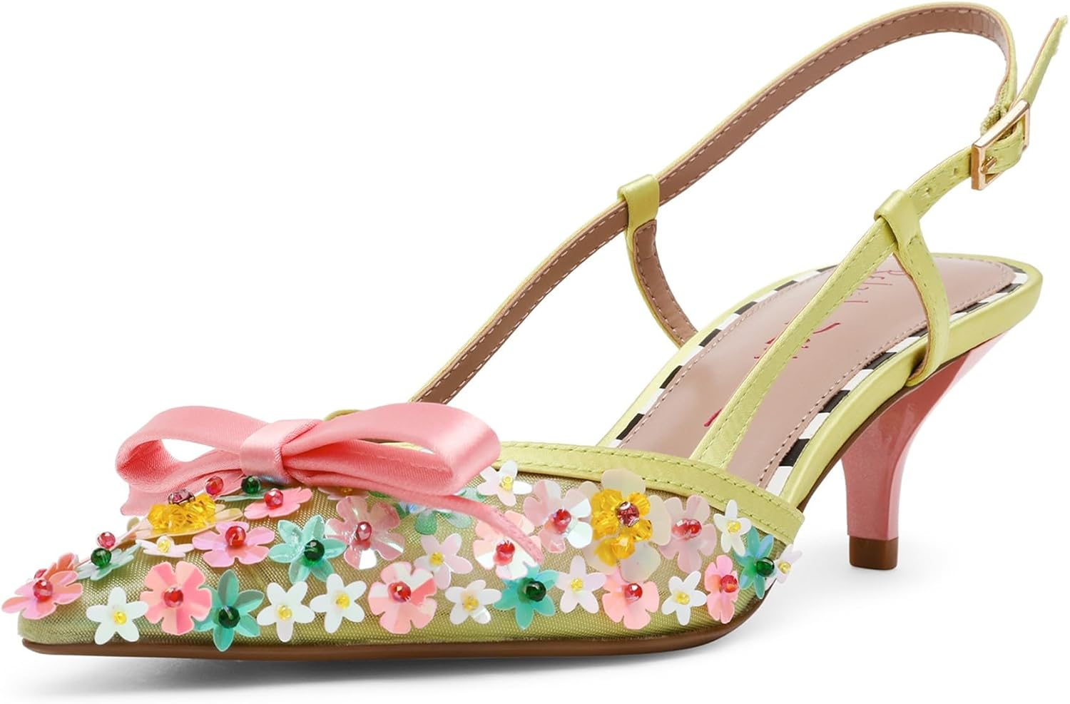 Lime Floral Sequin Mesh Slingback High Heel Pumps