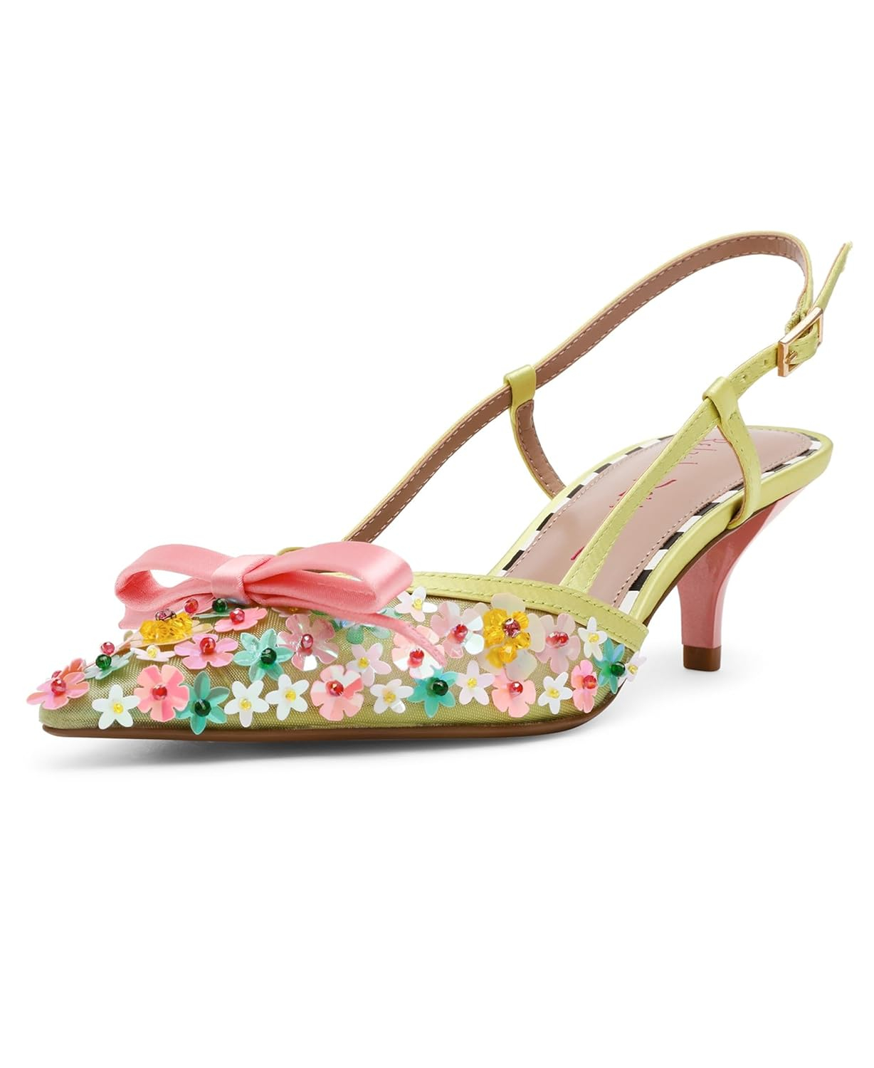 Lime Floral Sequin Mesh Slingback High Heel Pumps
