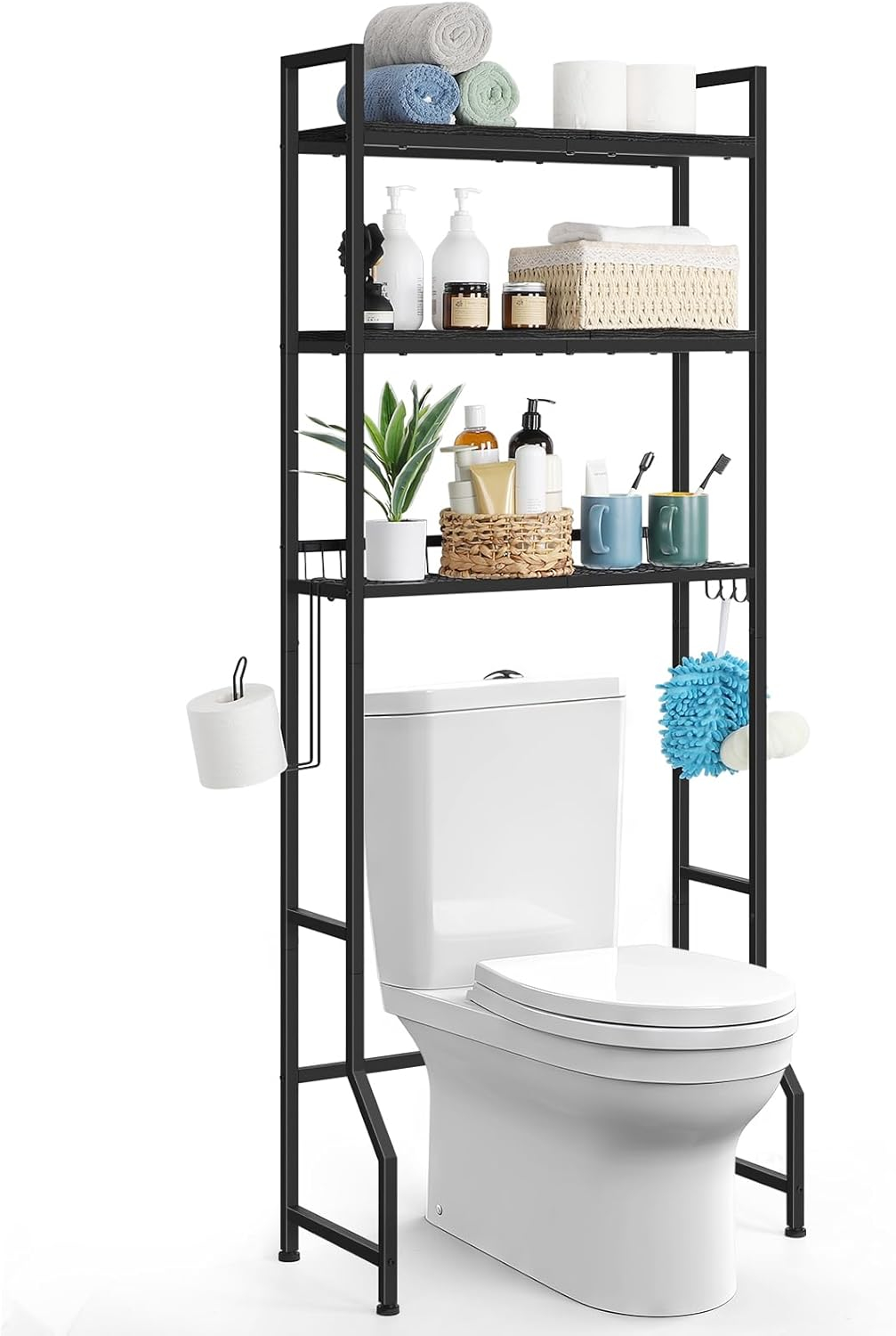 Over The Toilet Storage Over Toilet Rack Bathroom Organizer 3 Tier Toilet Shelf with 4 Hooks and Toilet Paper Holder Freestanding Bathroom Stand Over Toilet Save Space, Black
