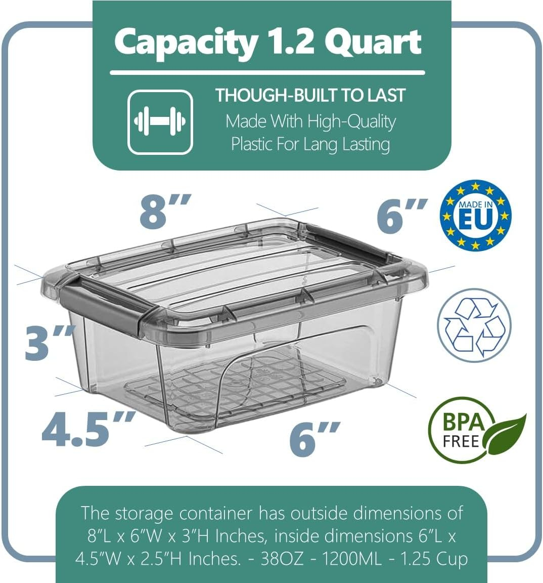 Tribello Small Storage Container Bin With Lids, 1.25Q Mini Plastic Storage Container With Latching Lids For Organizing - Tinted - (8’' x 6” x 3”) 1.25 Quart - Set of 6 - Made in EU
