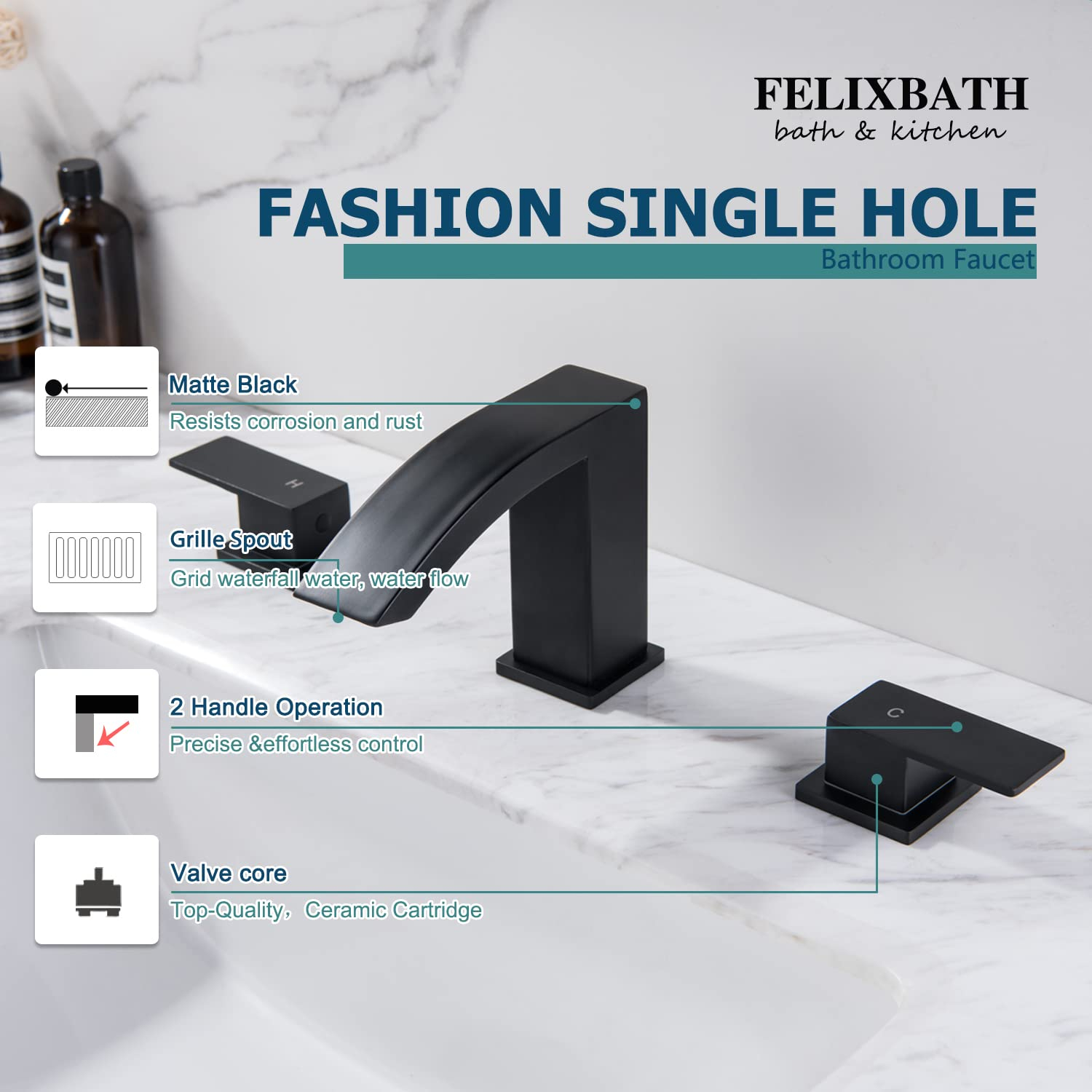 Waterfall Bathroom Sink Faucet, 3 Holes Two Handles Bathroom Faucet with Pop Up Drain and 2 Water Supply Lines, 8 inch Widespread Bathroom Sink Faucet Matte Black
