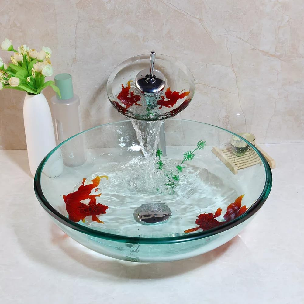 Clear Bathroom Sink Hand Painting Gold Fish Tempered Glass Vessel Sink Basin with Waterfall Faucet and Drain Combo,16"Round Glass Bowl Sink Above Counter Clear Bathroom Vessel Sink Set