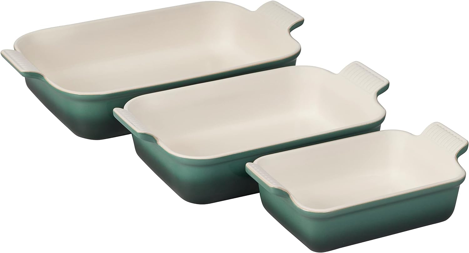 Green Stoneware Rectangular Baking Dish Set, 3 Pieces