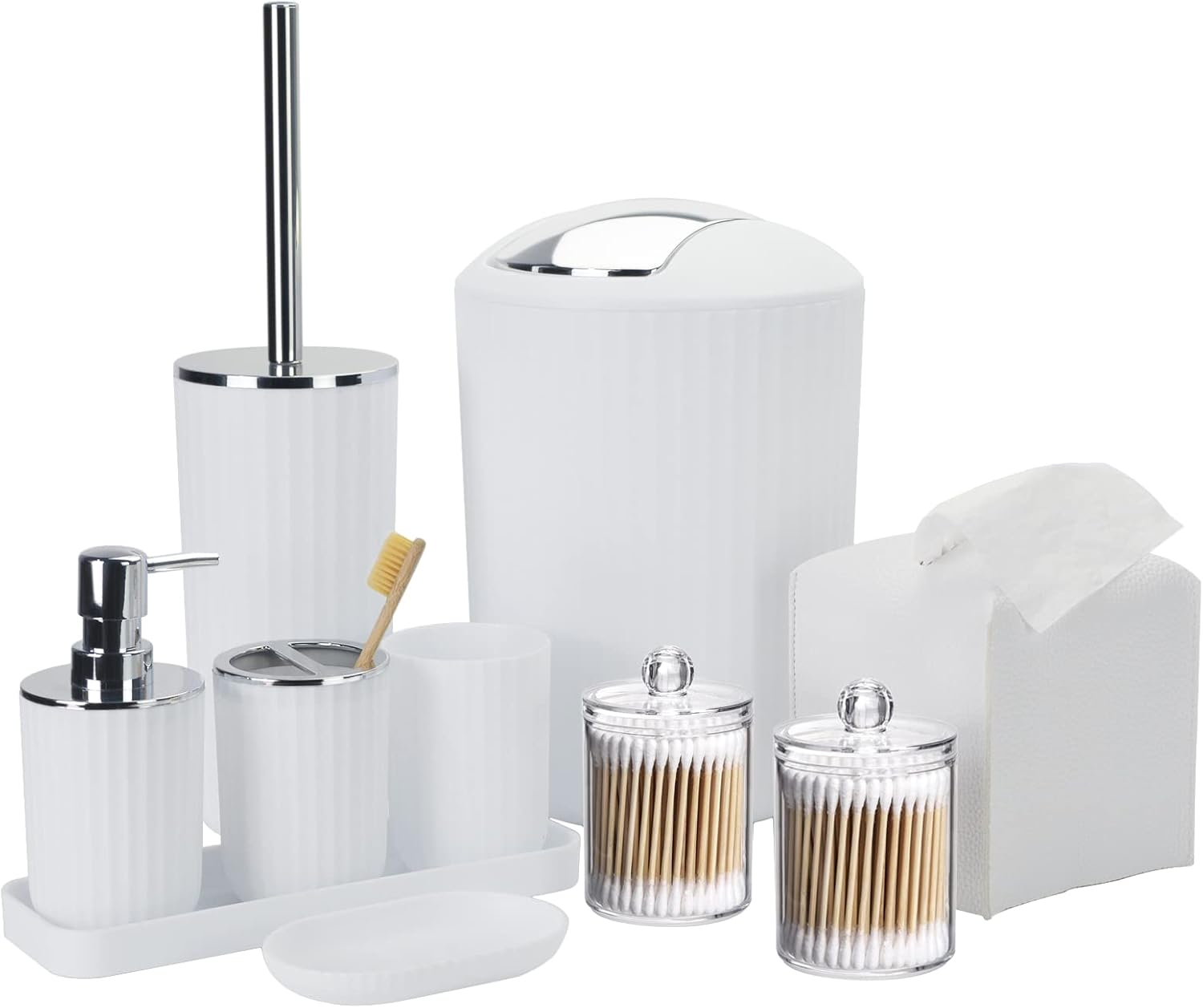 Bathroom Accessory Set - 10 PCS White Bathroom Accessories Sets Complete with Trash Can, Toothbrush Holder, Soap Dispenser, Soap Dish, Toilet Brush & Holder, Vanity Tray, Qtip Holder, Tissue Box Cover