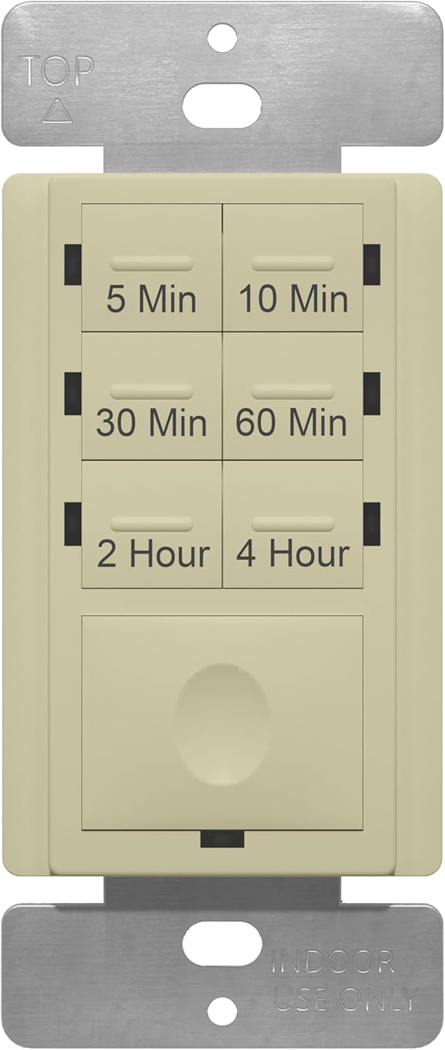 ENERLITES 4-Hour Countdown Timer Switch, 5-10-30-60 Min, 2-4 Hour, for Bathroom Fans, Heaters, Lights, LED Indicator, 120VAC 800W, No Neutral Wire Required, UL Listed, HET06-J-I, Ivory