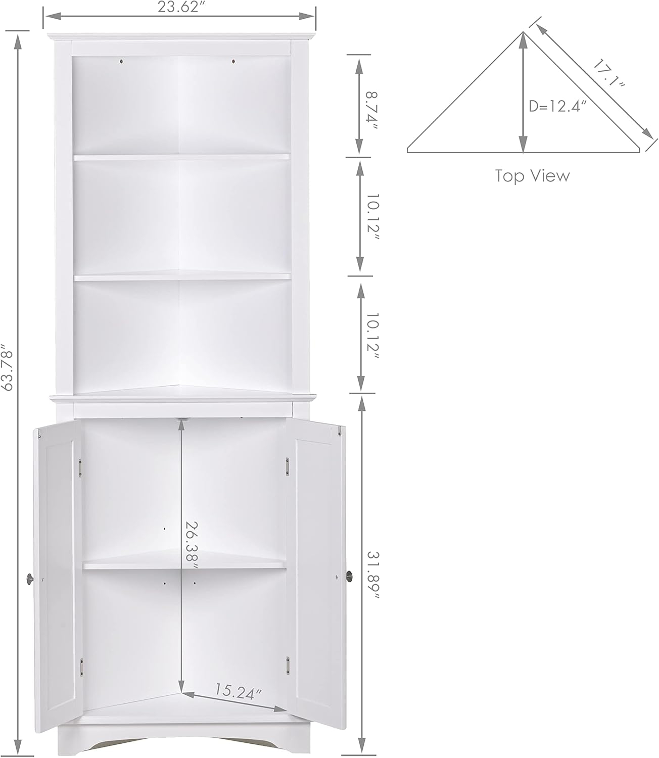 Tall White Lockable Corner Cabinet with Adjustable Shelving
