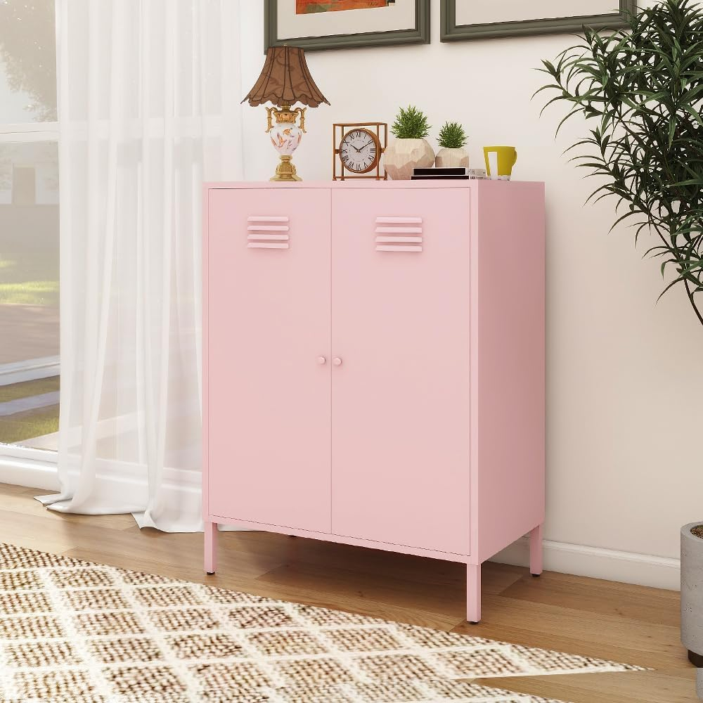 2 Door Metal Accent Storage Cabinet for Bedroom, Bedside, Office Room-Metal Locker Cabinet with 2 Adjustable Shelves (Pink)