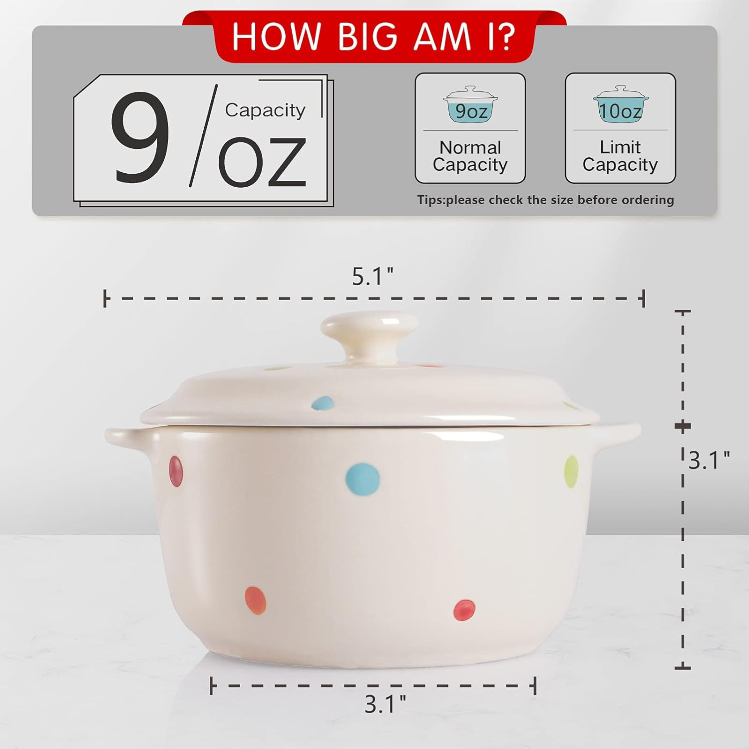 AVLA 4 Pack Porcelain Ramekins, 9 OZ Mini Casserole Bowl with Lid and Handle, Ceramic Souffle Soup Creme Brulee Bowls, Oven Safe, Mini Casserole Dish (Polka Dot, Assorted Color)