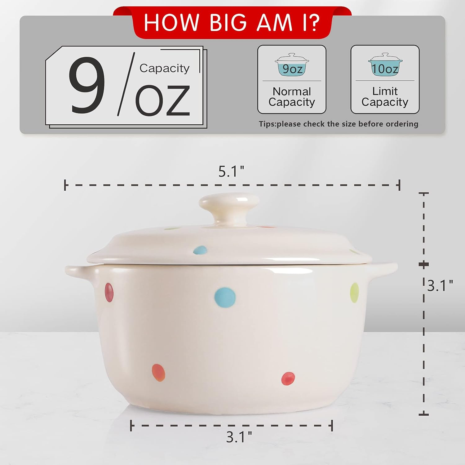 AVLA 4 Pack Porcelain Ramekins, 9 OZ Mini Casserole Bowl with Lid and Handle, Ceramic Souffle Soup Creme Brulee Bowls, Oven Safe, Mini Casserole Dish (Polka Dot, Assorted Color)