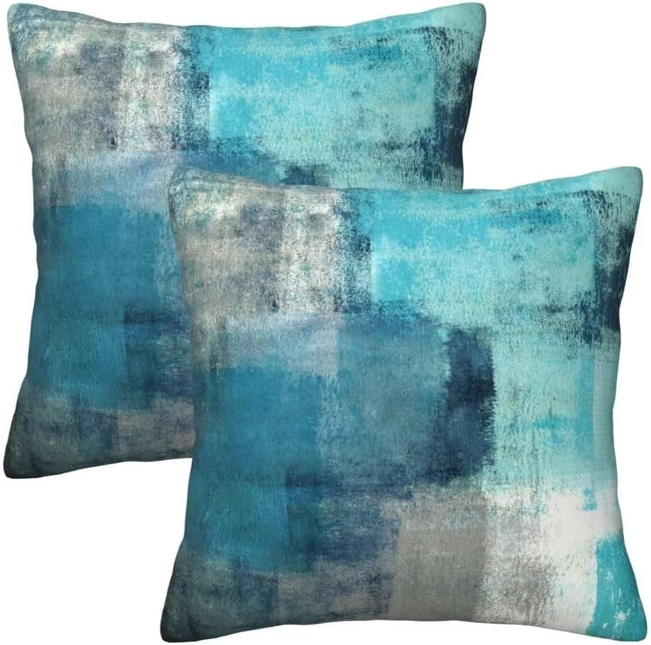 Teal and Brown Throw Pillows Covers Set of 2 Blue Gray Abstract Art Painting Aesthetic Modern Square Decorative Pillow Covers Soft Throw Pillows for Couch Sofa Bedroom, 18X18 Inches