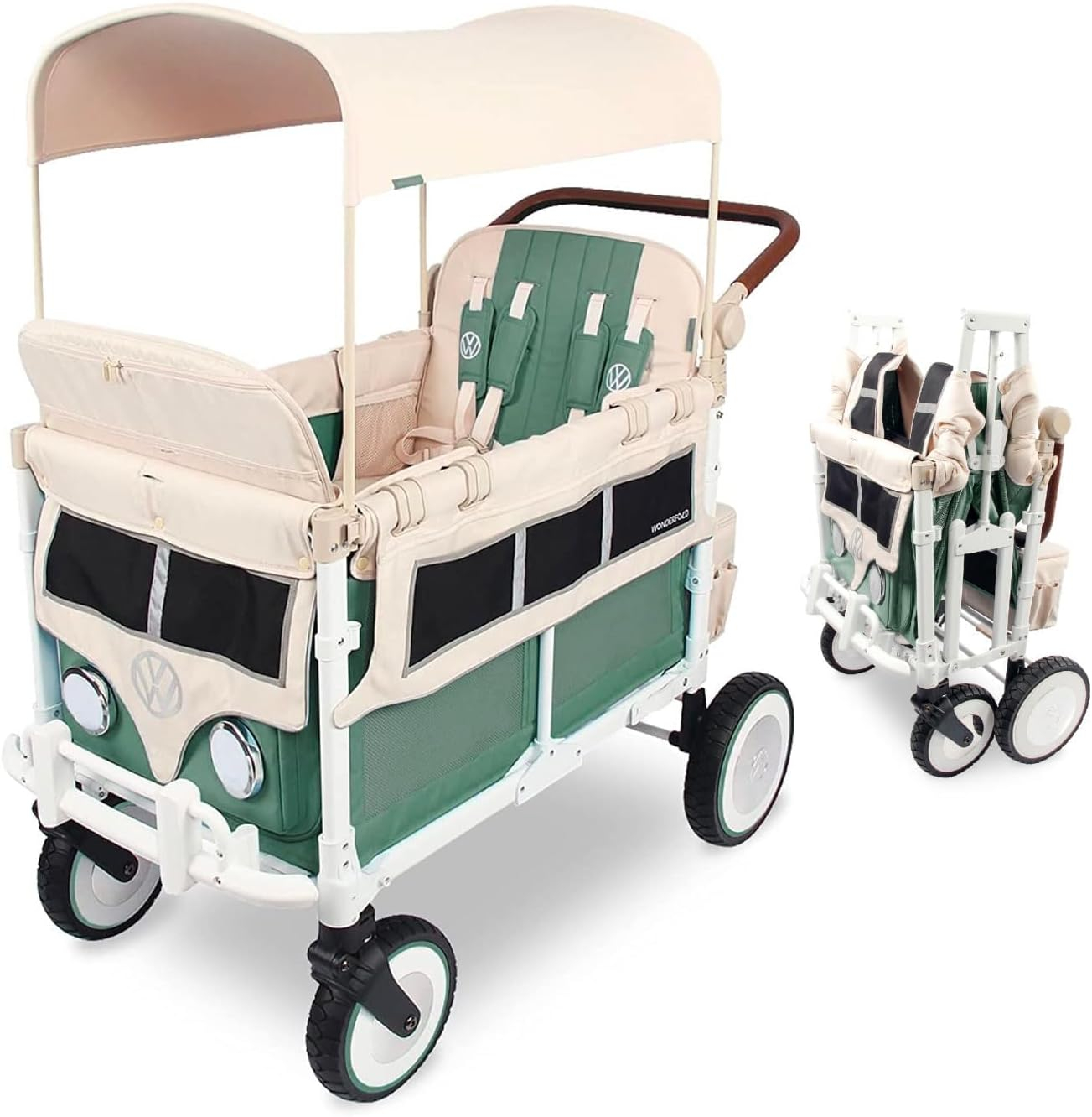 WONDERFOLD Volkswagen Stroller Wagon (4 Seater) - Collapsible Wagon Stroller with VW Bumper, Functioning Headlights, and All-Terrain XL Wheels