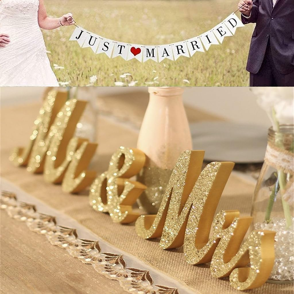 Mr and Mrs Signs Wedding Table Decorations, Wooden Freestanding Letters for Photo Props, Rustic Decoration, Anniversary Shower Gift (Golden)