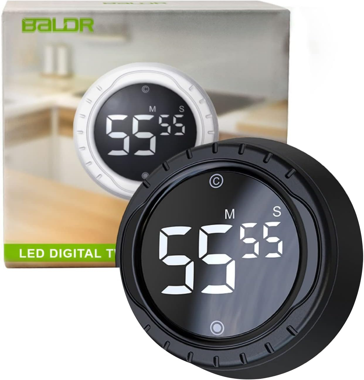 Baldr Kitchen Timer - Smart Countdown/Count Up Digital Timer with Rotating Desk Display, Quiet & Beeping Alerts, Strong Magnetic Backing - for Kitchen & Classroom (Black)