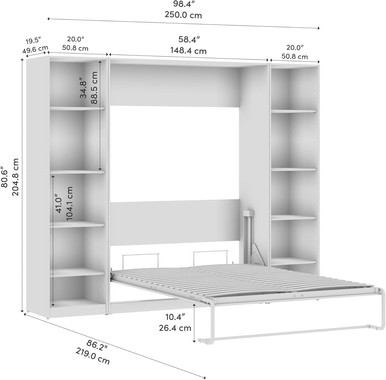 White Full Murphy Bed with Wood Frame and Closet Organizers