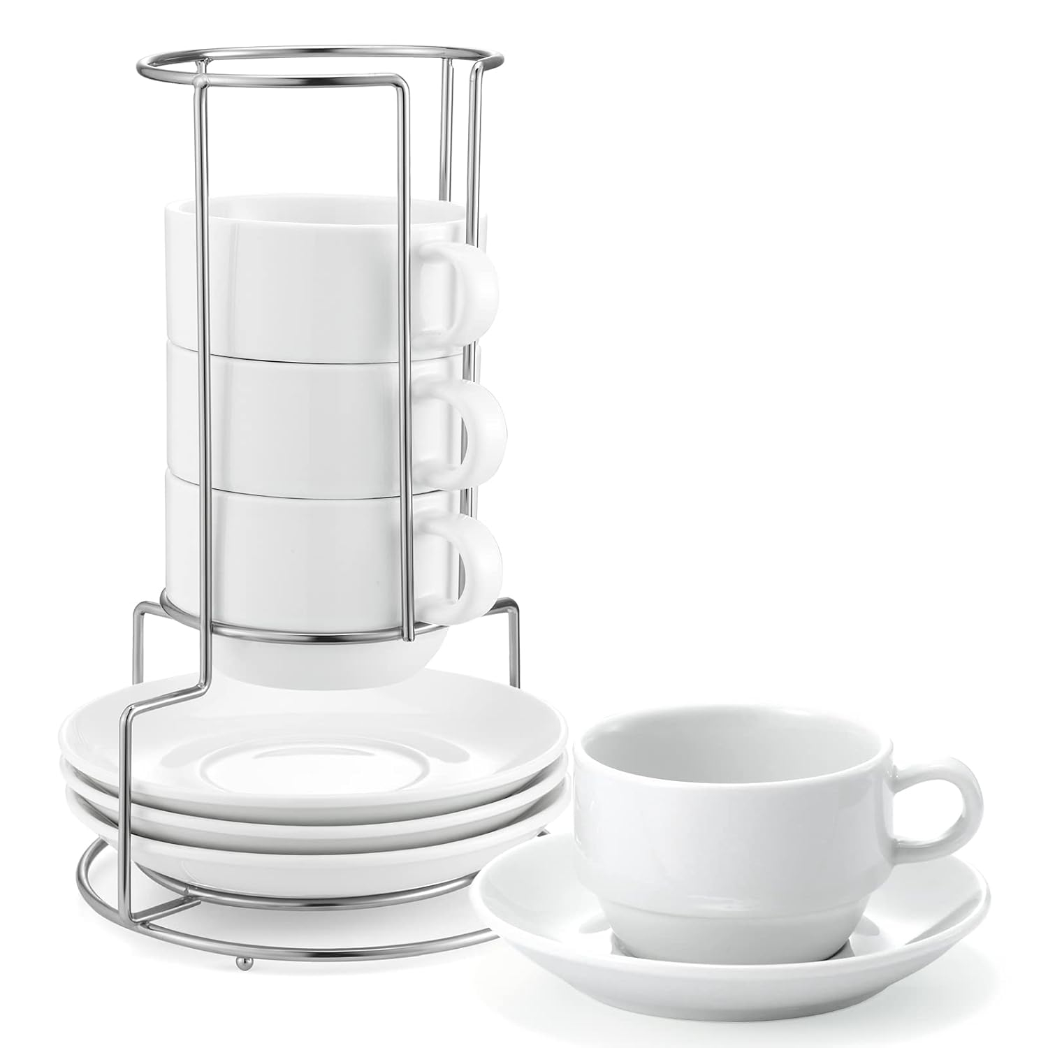 Yedio Porcelain 4 oz Espresso Coffee Cups with Saucers and Metal Stand, Porcelain White Stackable Cappuccino Cups Set of 4