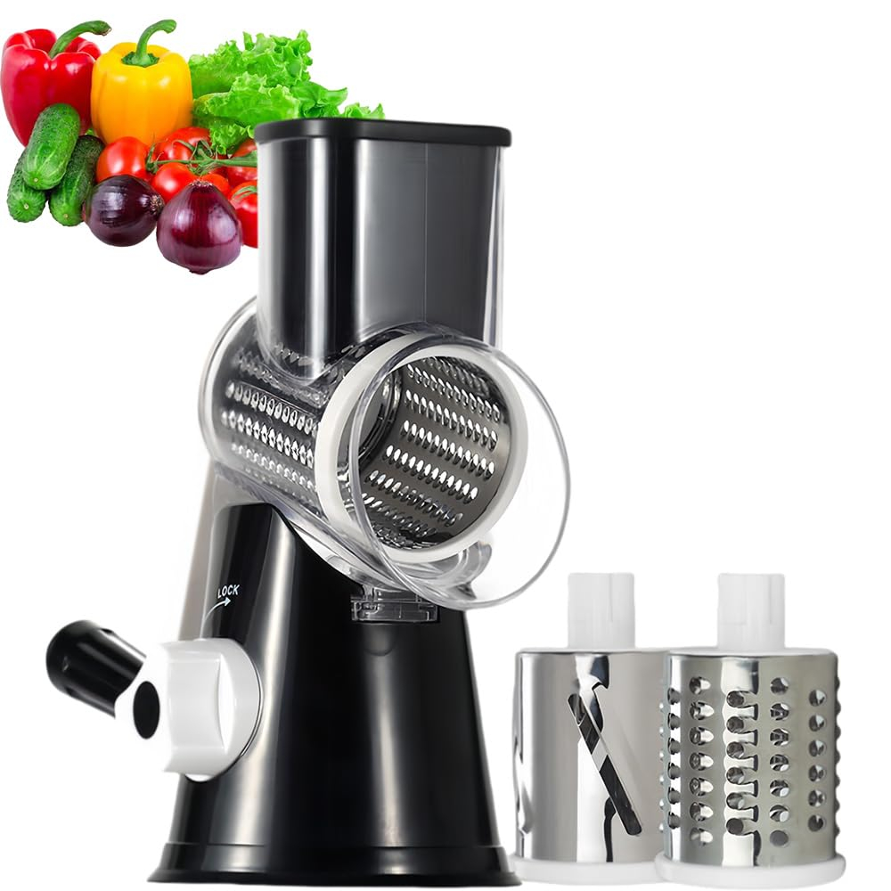 Rotary Cheese Grater Cheese Shredder - Kitchen Manual Cheese Grater with Handle Vegetable Slicer Nuts Grinder 3 Replaceable Drum Blades and Strong Suction Base Free Cleaning Brush