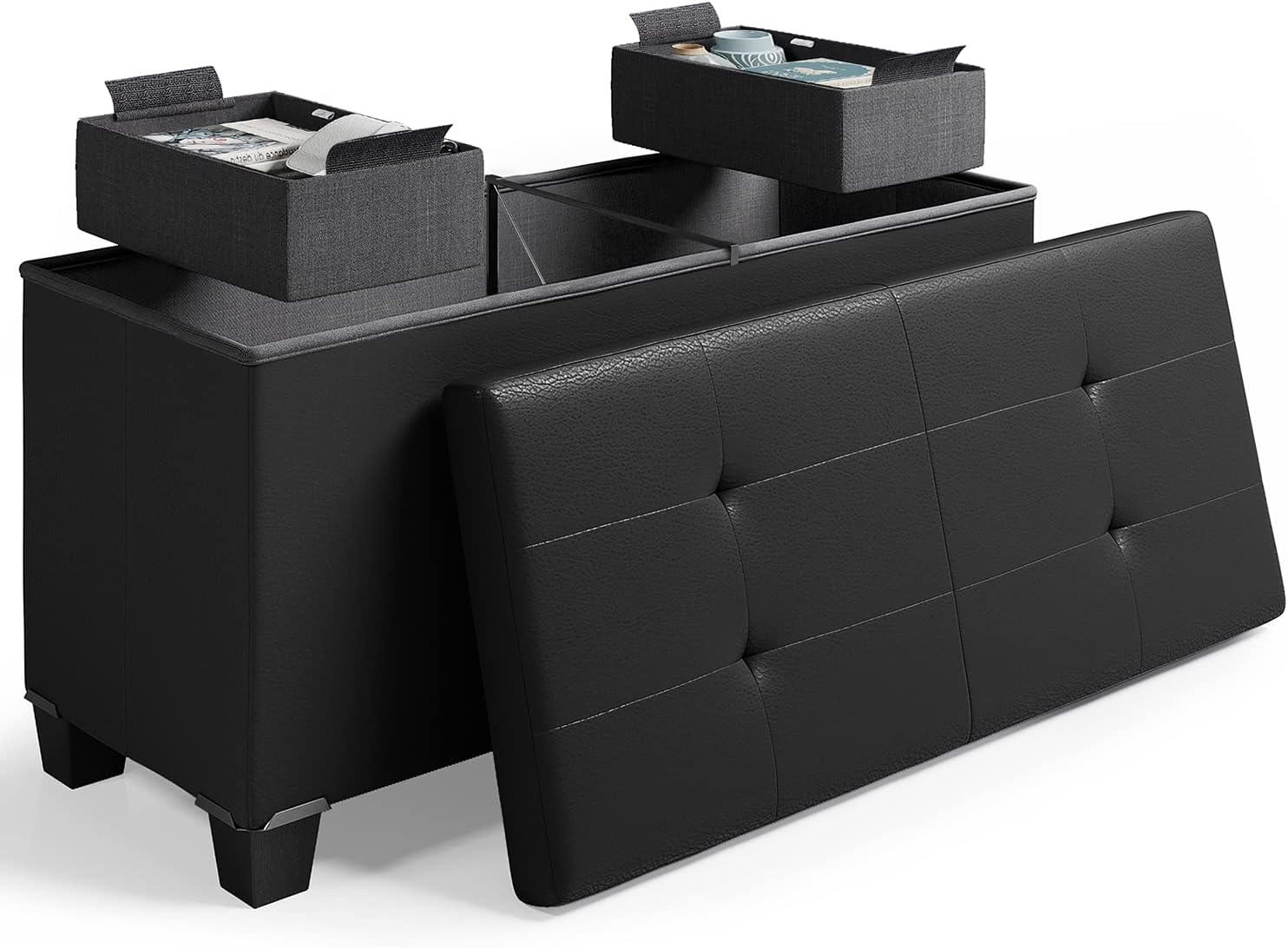 STORAGEBUD Storage Ottoman Bench with Bins, 30-in Storage Bench for Bedroom End of Bed, Folding Foot Rest Ottoman for Living Room Max 660lbs, Faux Leather Ottomans, Black