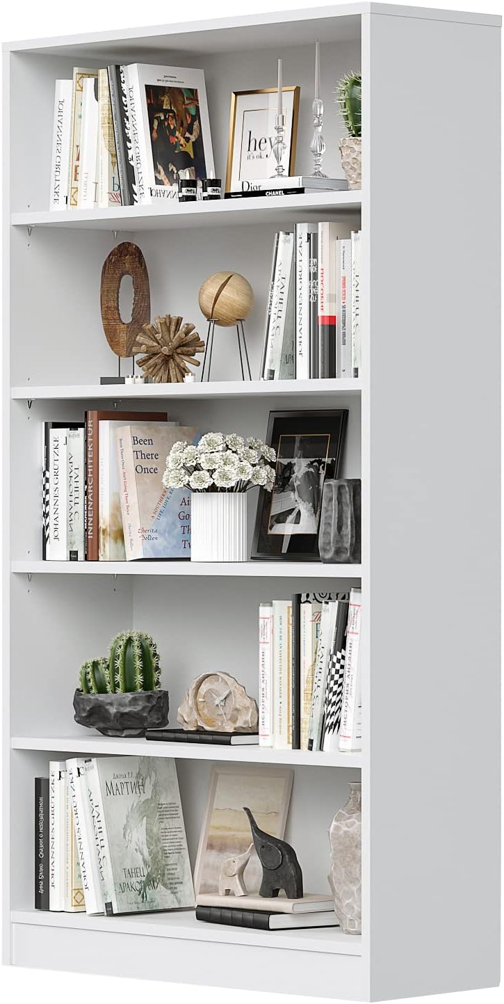 Wood Bookcase 5-Shelf Freestanding Display Wooden Bookshelf for Home Office School (11.6" D*33" W*59.8" H,White)