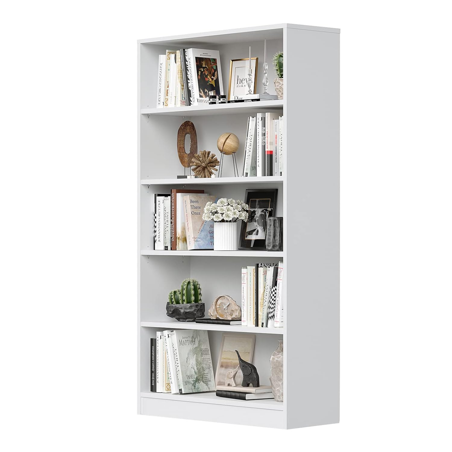Wood Bookcase 5-Shelf Freestanding Display Wooden Bookshelf for Home Office School (11.6" D*33" W*59.8" H,White)
