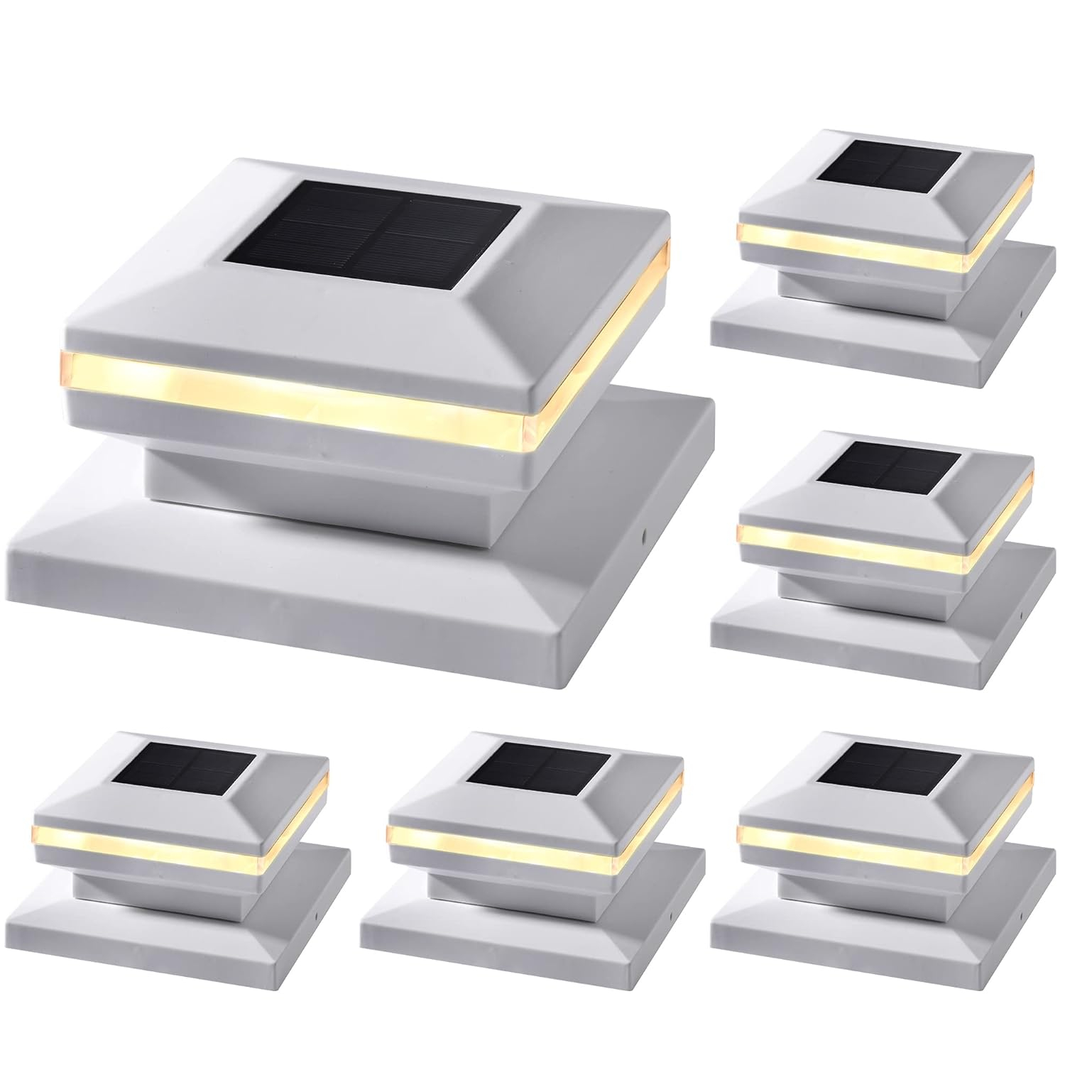 Dynaming 6 Pack Solar Post Cap Lights, Outdoor Decorative Post Solar Lights White Shell Caps Fit 4x4 5x5 6x6 Vinyl/Wooden Posts, Brightness Warm White LED Lighting for Garden Fence Deck Patio