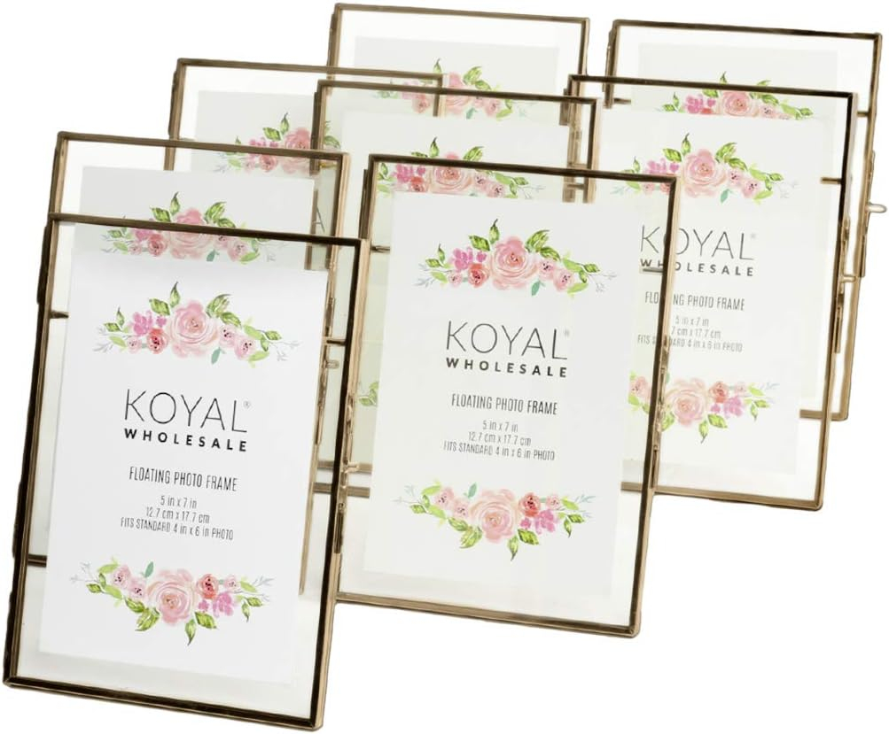 Koyal Wholesale Pressed Glass Floating Photo Frames 5 x 7 Frame, Antique Gold 8-Pack Use Horizontal or Vertical