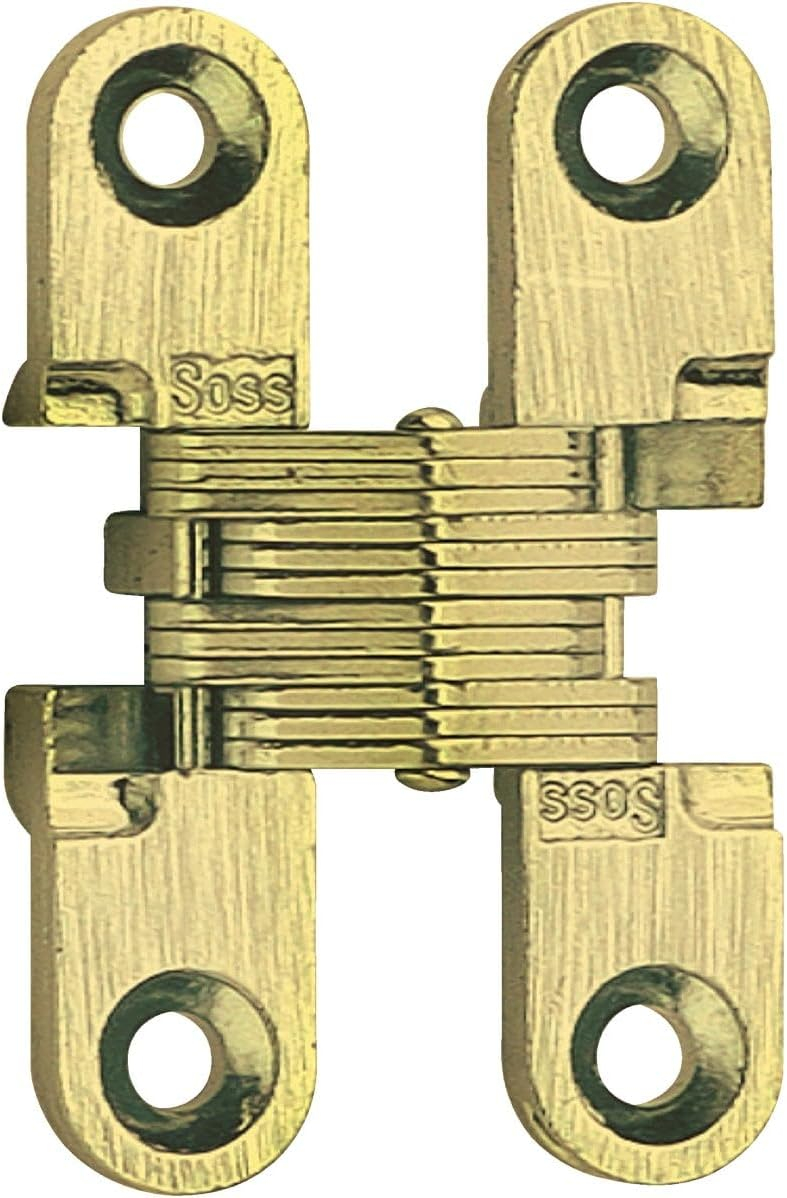 SOSS - 101CUS4 Mortise Mount Invisible Hinges with 4 Holes, Zinc, Satin Brass Finish, 1-11/16" Leaf Height, 3/8" Leaf Width, 29/64" Leaf Thickness, 5 x 3/4" Screw Size (1 Pair)