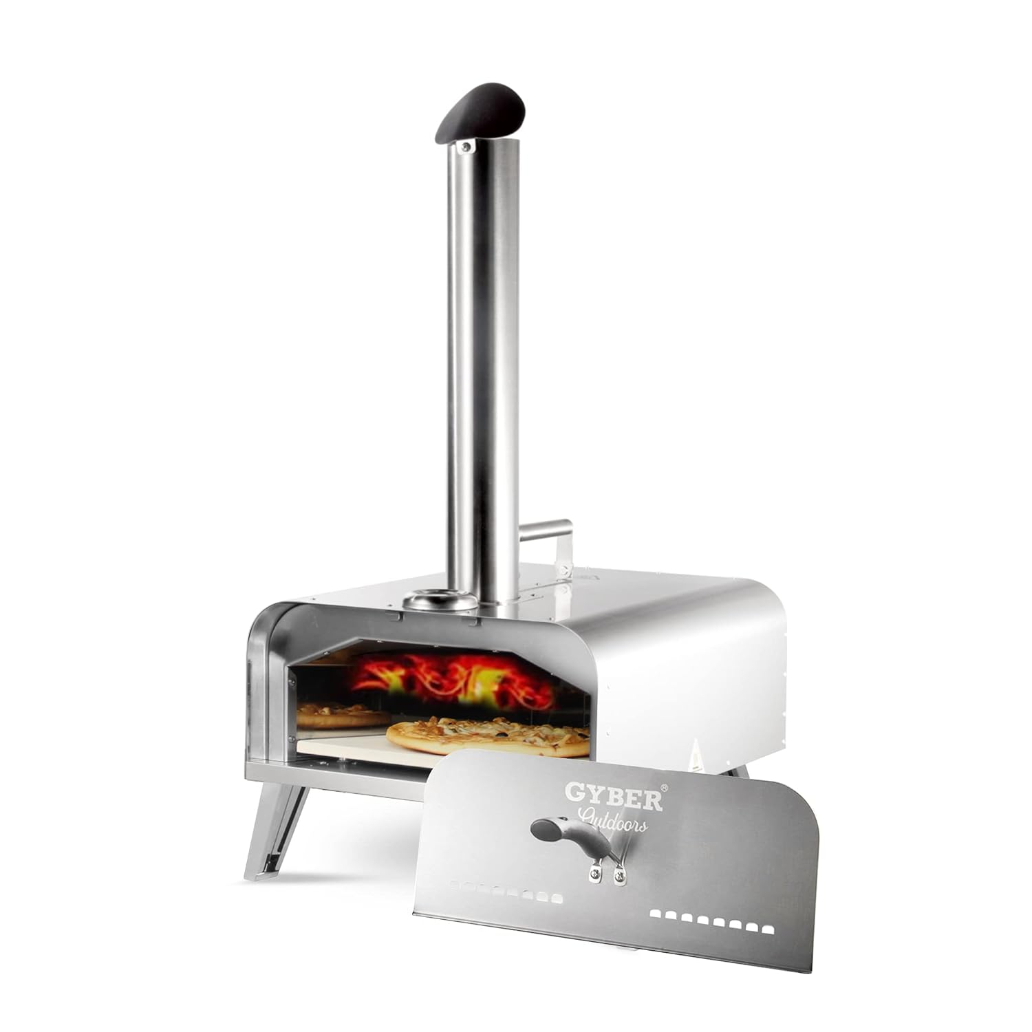 GYBER Fremont Outdoor Pizza Oven Portable 13" Stainless Steel Backyard Grill Wood Pellet and Charcoal Fired Pizza Maker for Outdoor Cooking with Pizza Stone, Built-in Thermometer, Pizza Peel