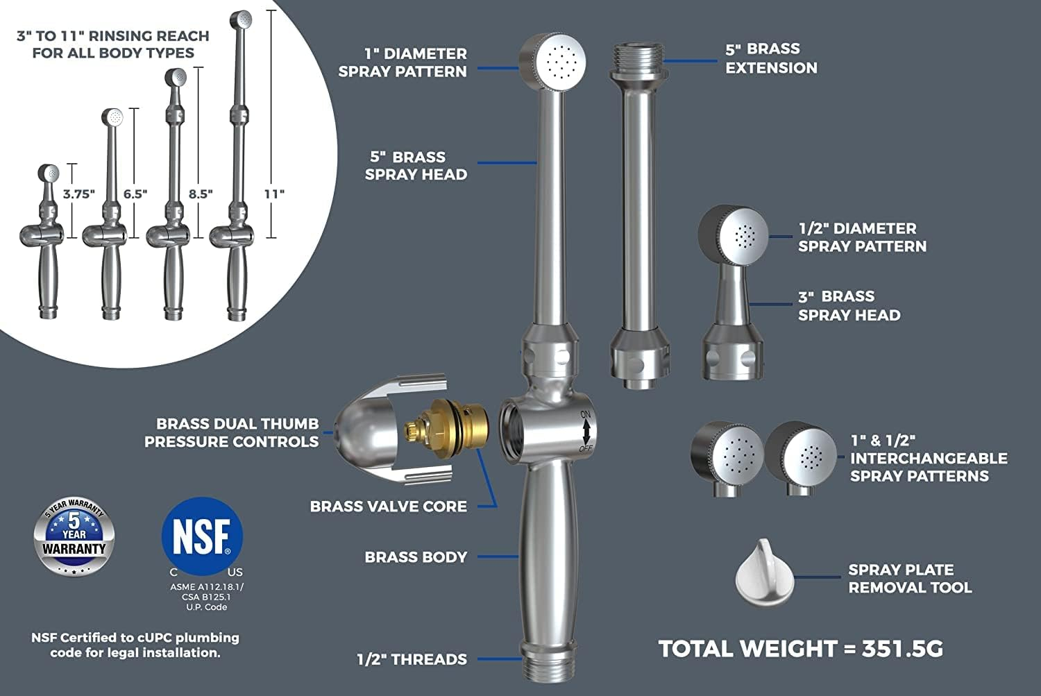 Patented Aquaus 360 Bidet for Faucet with Brass Sprayer- Warm Water Bidet – Dual Thumb Pressure Controls - Adjustable Spray Pressure - Extended Spray Reach 4’’ to 11’’