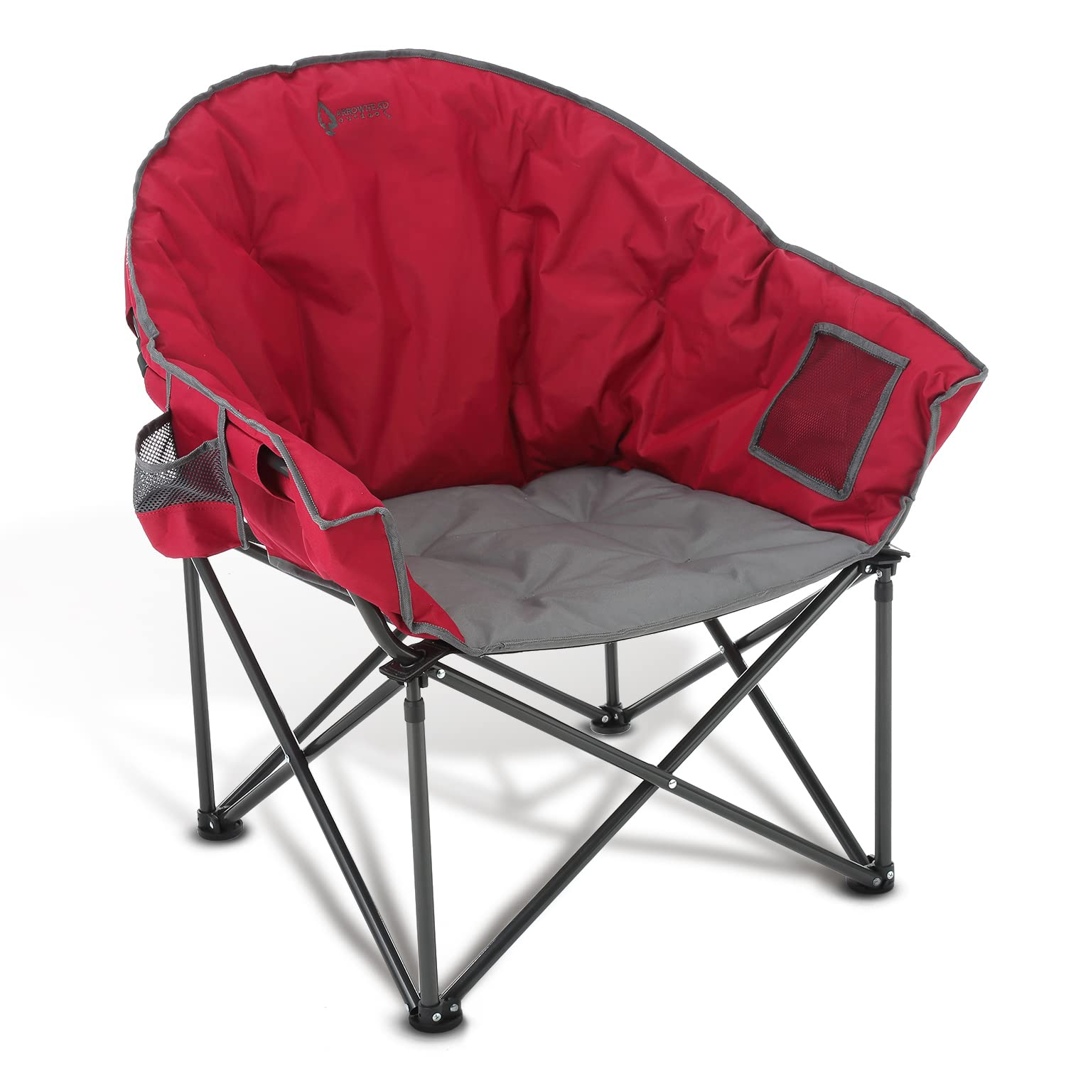 ARROWHEAD OUTDOOR Oversized Heavy-Duty Club Folding Camping Chair w/ External Pocket, Cup Holder, Portable, Padded, Moon, Round, Saucer, Supports 330lbs, Carrying Bag, USA-Based Support (Burgundy Red)