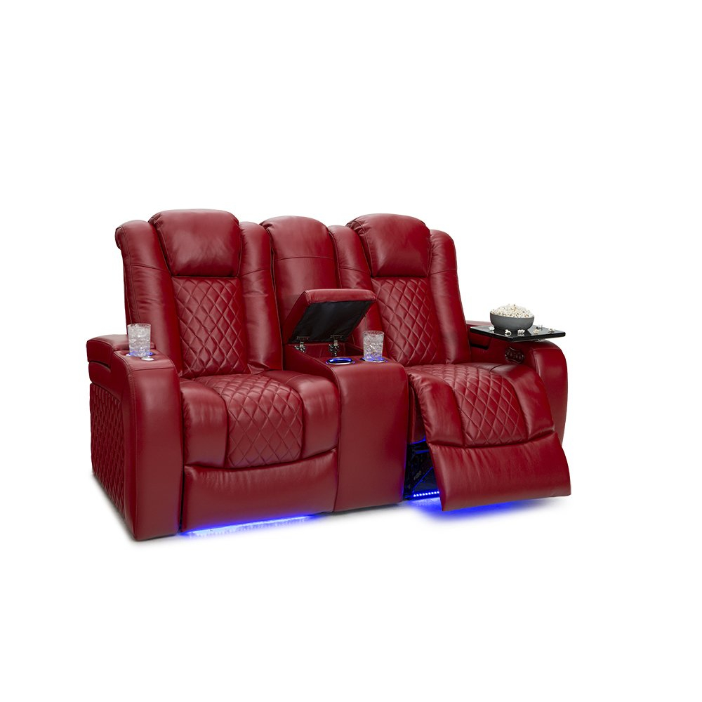 Seatcraft Anthem Home Theater Leather Loveseat Power Reclining 2-Row Seating with Power Headrest, LED lights, Center Table, Cupholders, AC/USB Outlets, and Hidden Storage in Red
