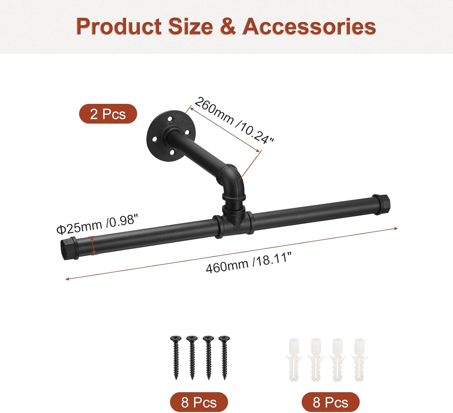 uxcell 2 Set Industrial Pipe Clothes Rack Wall Mounted, 18 Inch Clothing Rack for Hanging Clothes, Floating Metal Garment Bar for Bedroom, Bathroom, Clothing Store Black