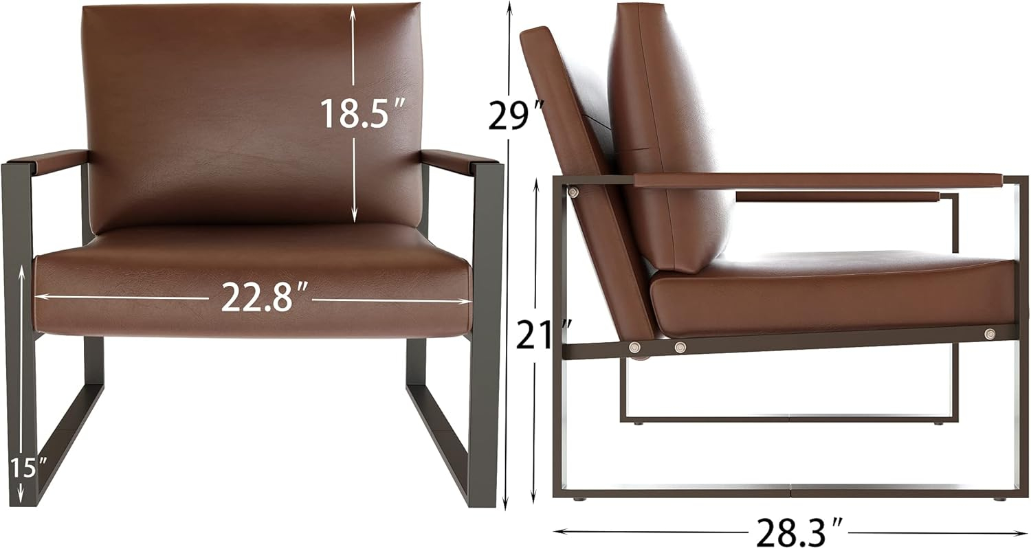 AWQM Modern PU Leather Accent Chair Arm Chair with Extra-Thick Padded Backrest and Seat Cushion Sofa Chairs for Living Room Bedroom, 105 Degree Slant Back, Non-Slip Adsorption Feet, Brown