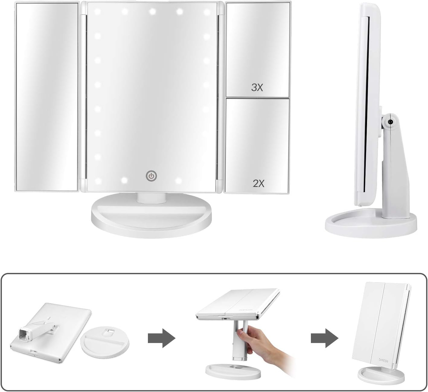 deweisn Floor Mount Tri-Fold Lighted Vanity Mirror with 21 LED Lights, Touch Screen and 3X/2X/1X Magnification, Two Power Supply Modes Make Up Mirror,Travel Mirror
