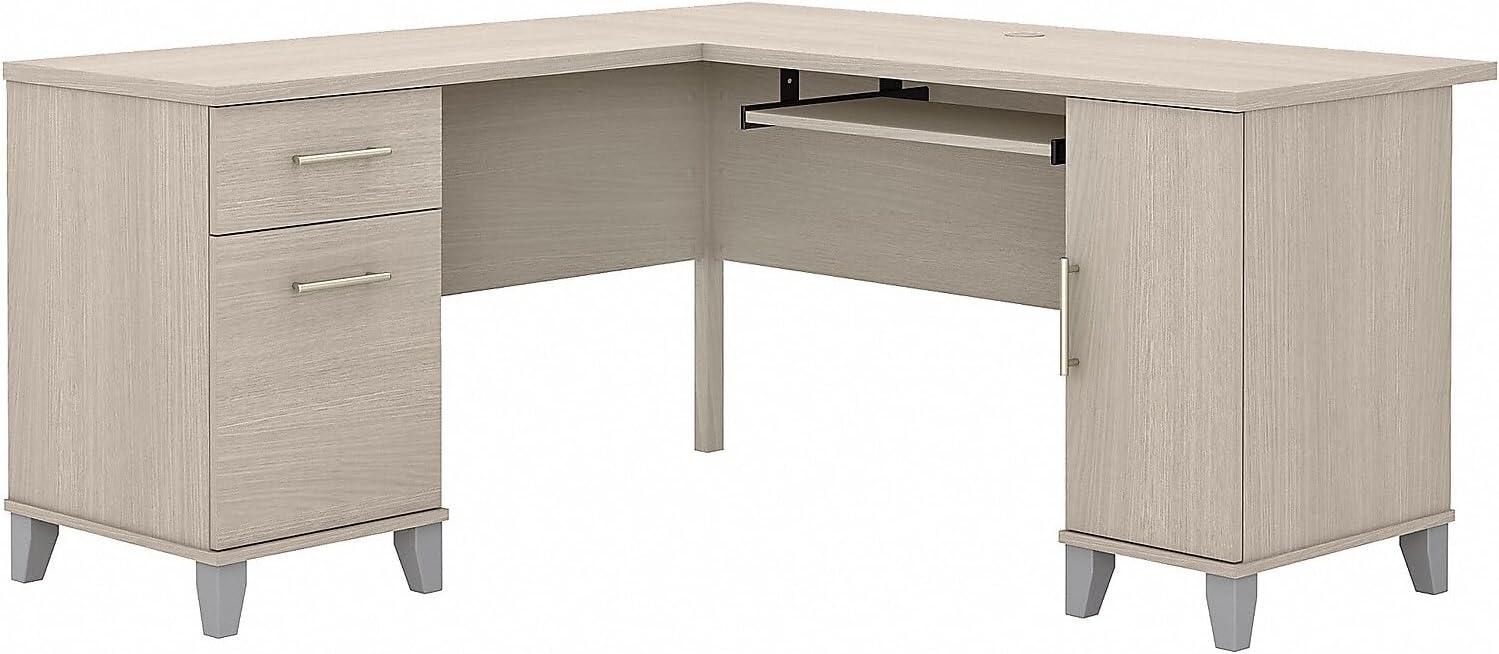 Bush Furniture Somerset 60" L Shaped Desk with Storage, Sand Oak