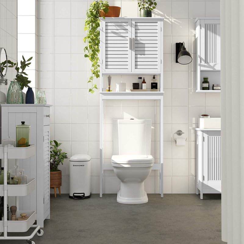 Over-The-Toilet Storage Bathroom Cabinet with Adjustable Inside Shelf and Bottom Stabilizer Bar White